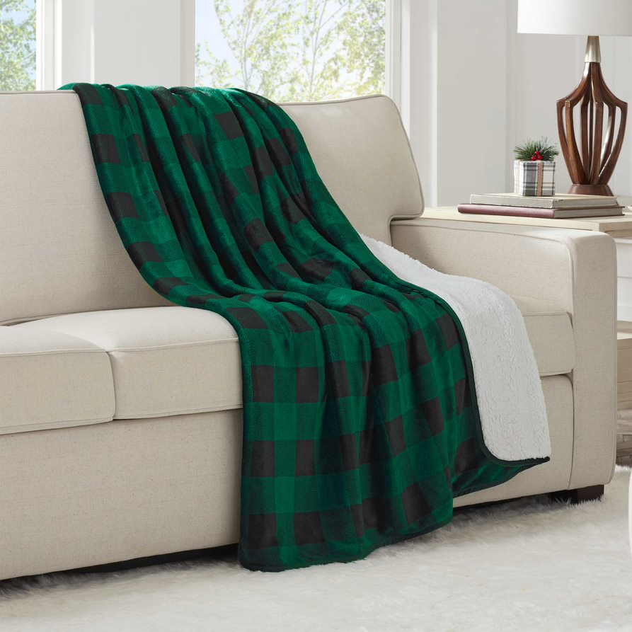 PLAID FLANNEL SHERPA THROW