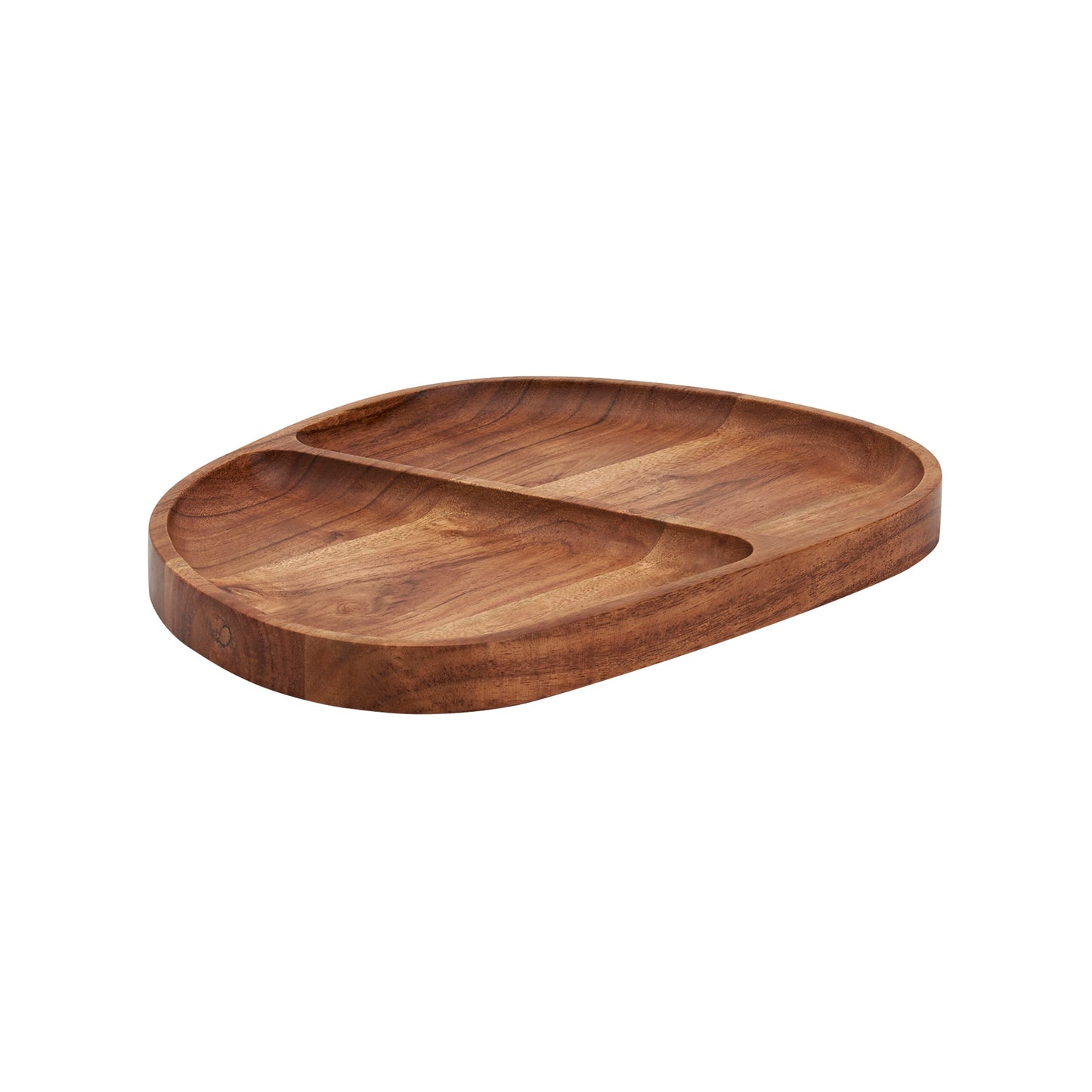 12" X 9" ACACIA WOOD ORGANIC SHAPE 2-SECTION SERVING TRAY