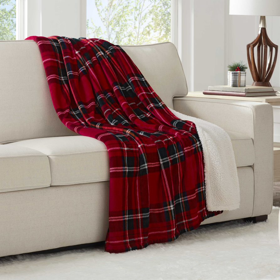 PLAID FLANNEL SHERPA THROW