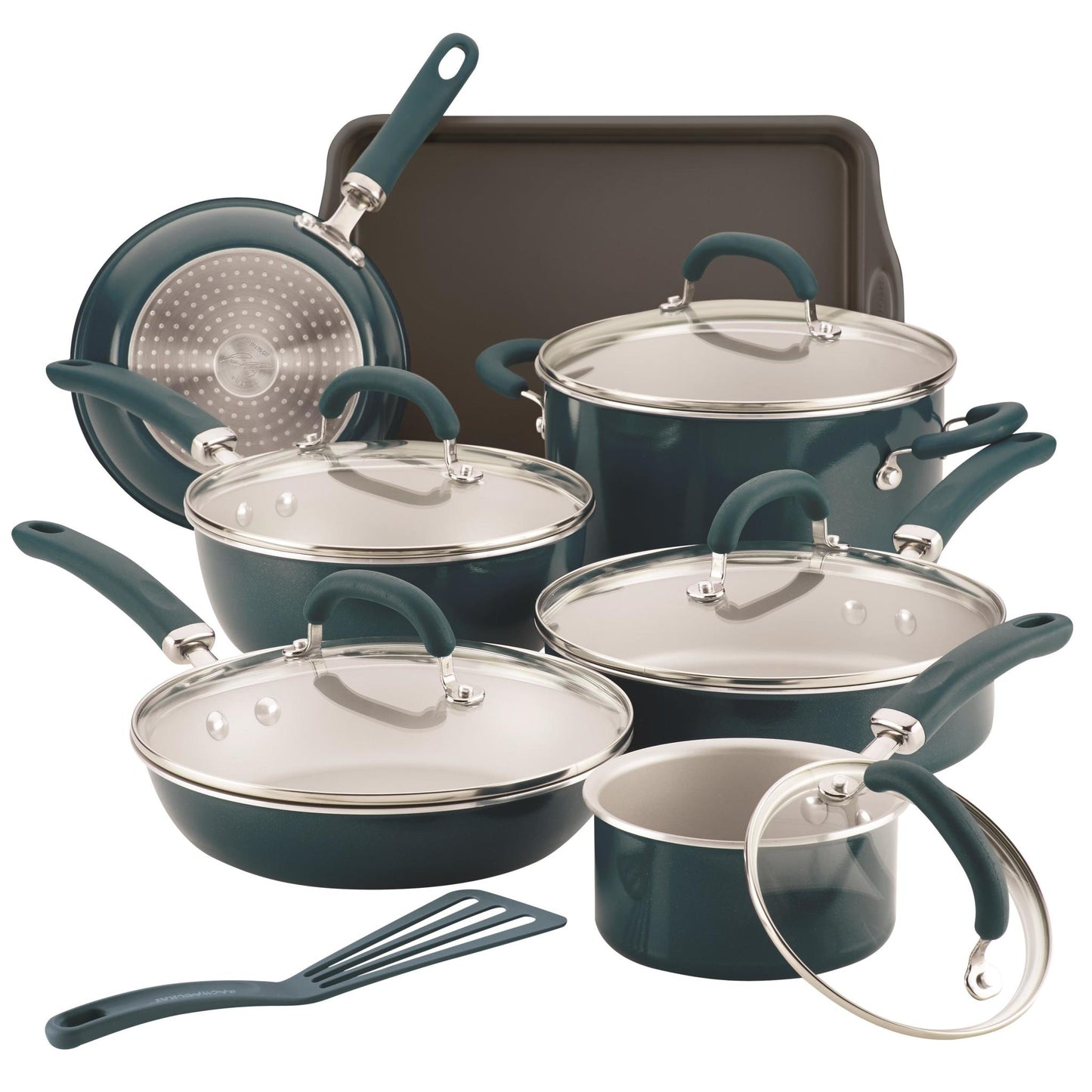 CREATE DELICIOUS 13PC ENAMELED ALUMINUM COOKWARE TEAL SHIMMER