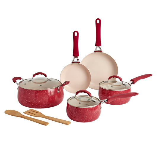 Dolly 10pc. Non-Stick Aluminum Cookware Set - Speckled Red