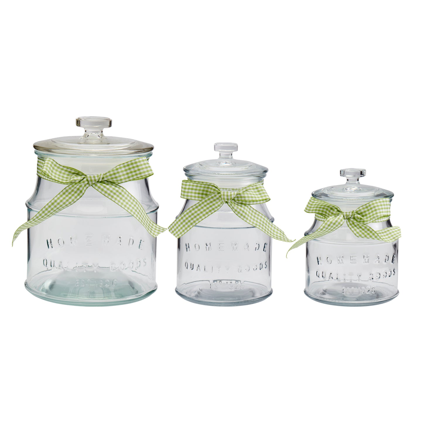 Dolly Glass Canister Set of 3 with Gingham Ribbon Accent