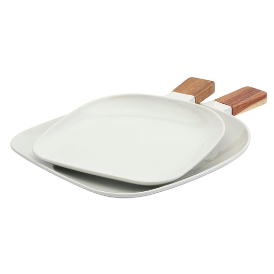 SET OF 2 SQUARE PLATTERS WITH ACACIA WOOD HANDLES